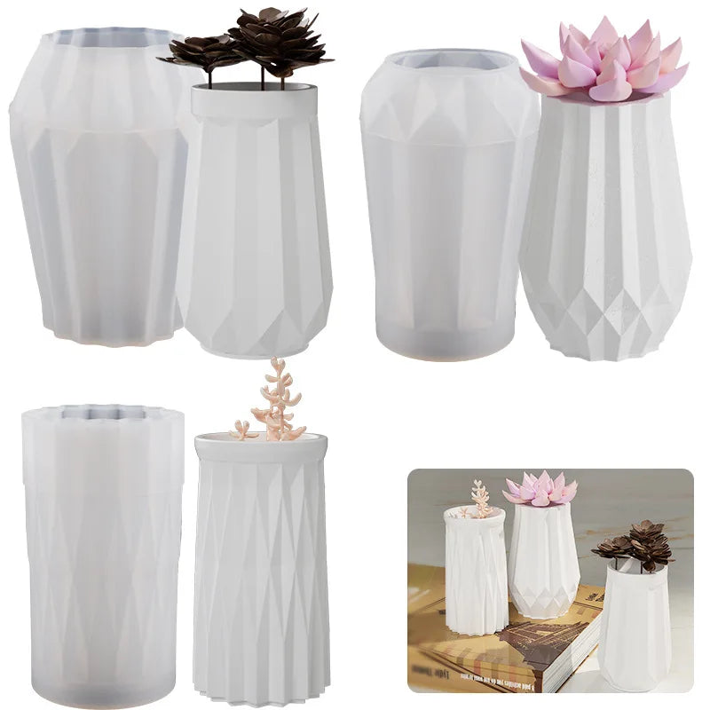 White flexible silicone molds shaped like various geometric flower pots and vases for DIY concrete projects