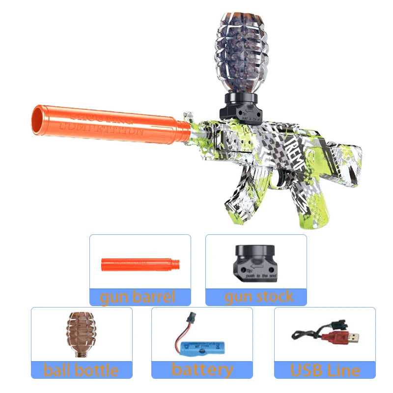 A rechargeable electric gel blaster pistol with an orange barrel, green camouflage body, and a brown magazine.