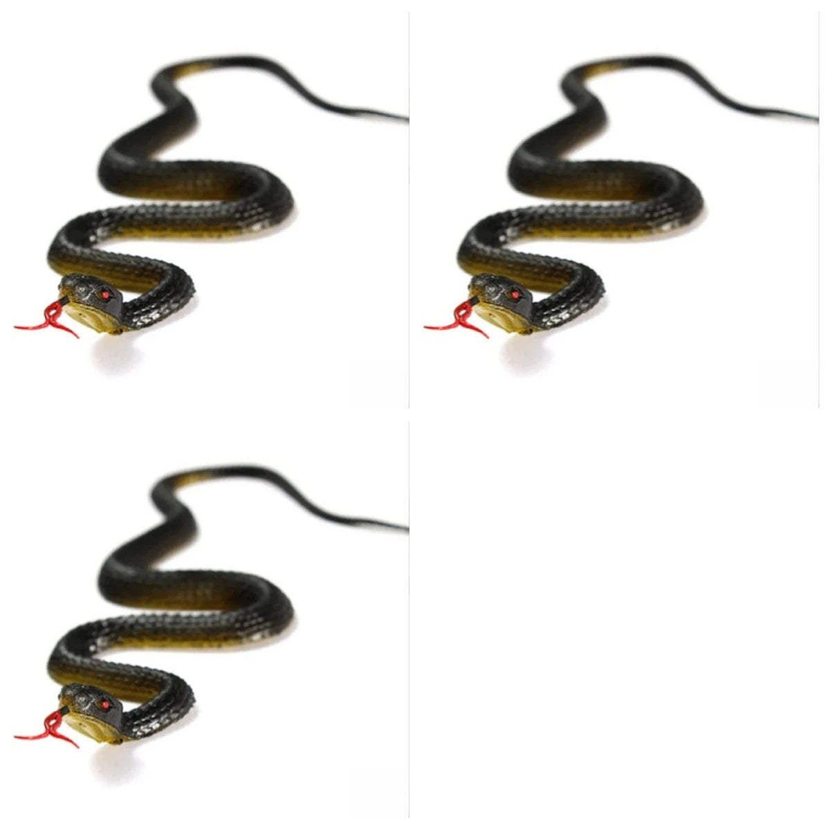 A dark olive rubber snake with a head and red tongue is shown in three different poses.