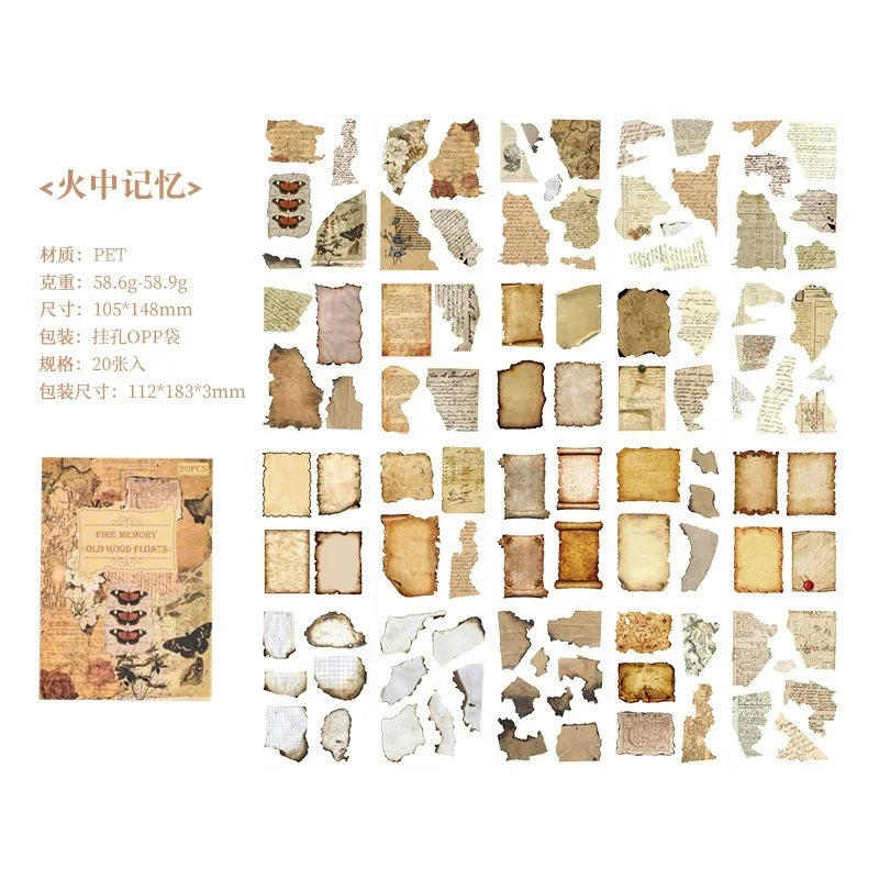 A sheet of vintage PET sticker material featuring various aged paper textures and decorative elements for journaling.
