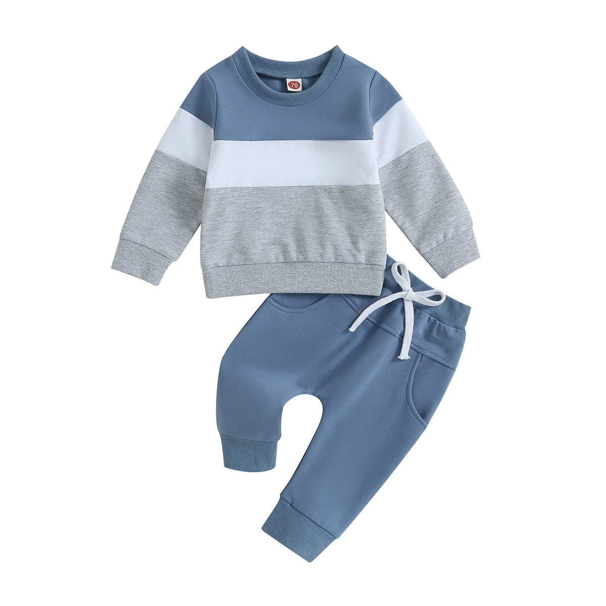 Toddler boys color block sweatshirt and pants set featuring blue, gray, and white stripes