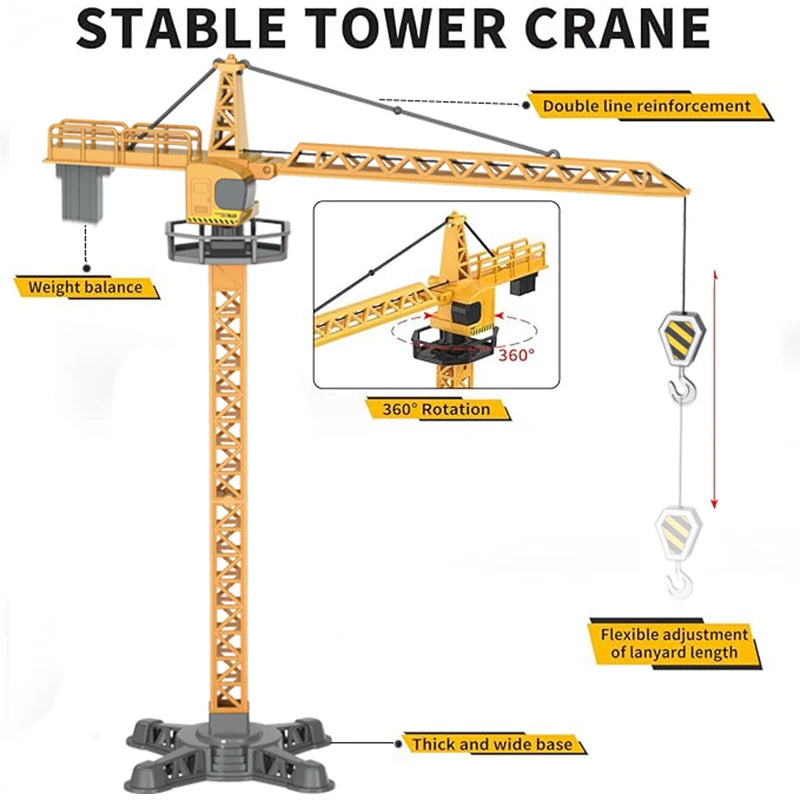A yellow diecast construction crane model toy set with a stable tower, double line reinforcement, and 360 rotation features.