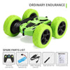 A lime green 4WD stunt car with large tires and black chassis is shown next to a list of spare parts.