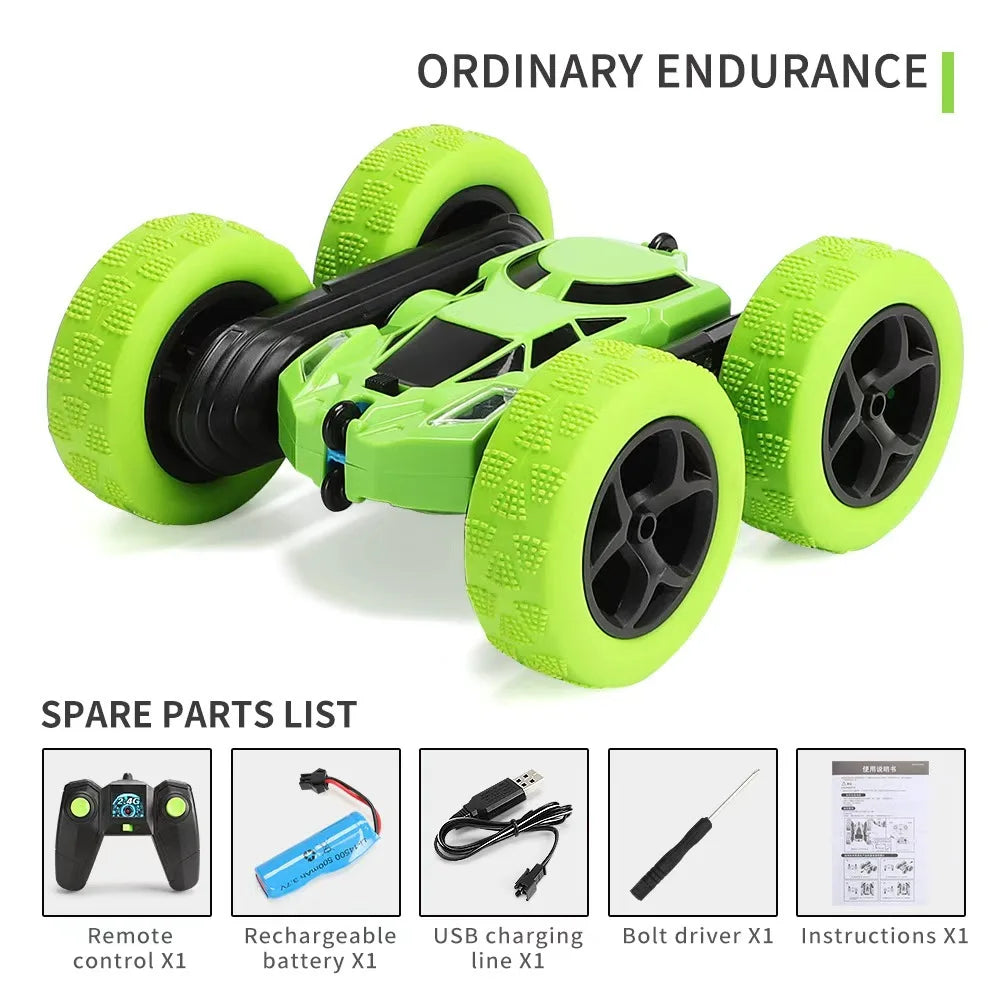 A lime green 4WD stunt car with large tires and black chassis is shown next to a list of spare parts.