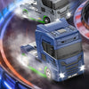 A silver and blue 1:64 scale RC drift truck is shown in action on a track with blue lighting.