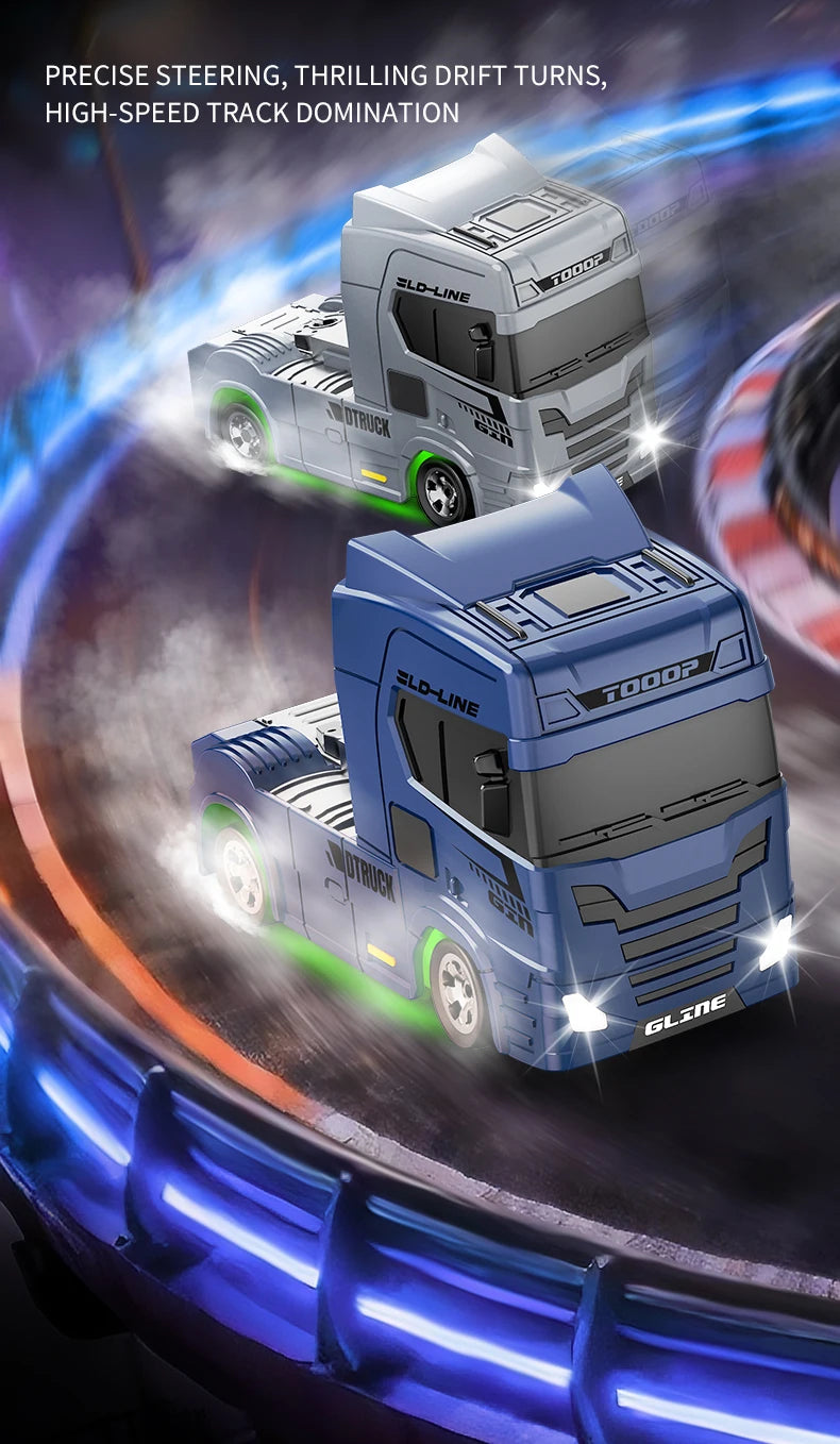 A silver and blue 1:64 scale RC drift truck is shown in action on a track with blue lighting.