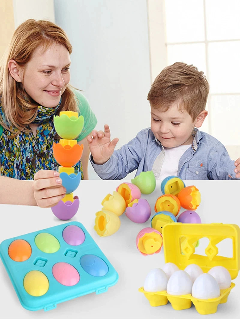 A set of colorful matching eggs for toddlers, including yellow, green, orange, and purple shapes, displayed on a blue tray.
