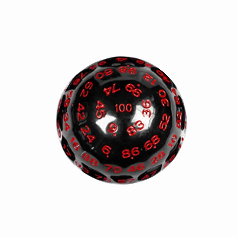 A black 100-sided acrylic polyhedral die showing various numbered faces.