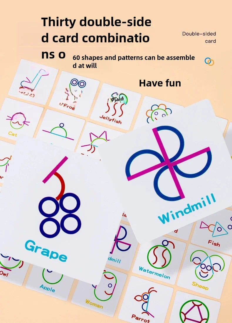 A set of thirty double-sided cards featuring various shapes and patterns for a sorting puzzle game