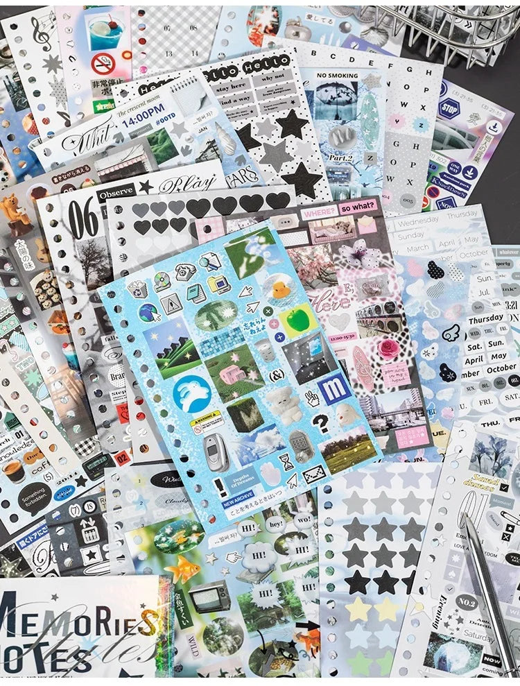 A collection of kawaii K-pop stickers and photocards featuring various themes, designs, and text for journaling and DIY craft