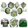 A set of seven polyhedral dice including D6, D10, and D20 dice made of green resin with gold accents.