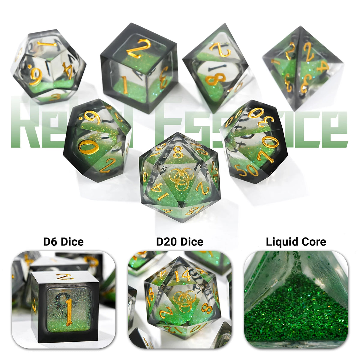 A set of seven polyhedral dice including D6, D10, and D20 dice made of green resin with gold accents.
