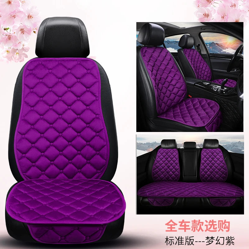 Purple quilted car seat cushion set featuring black trim and diamond stitching for winter warmth