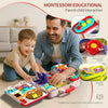 A father and child interact with a pink Montessori busy board for toddlers featuring various motor skills activities.