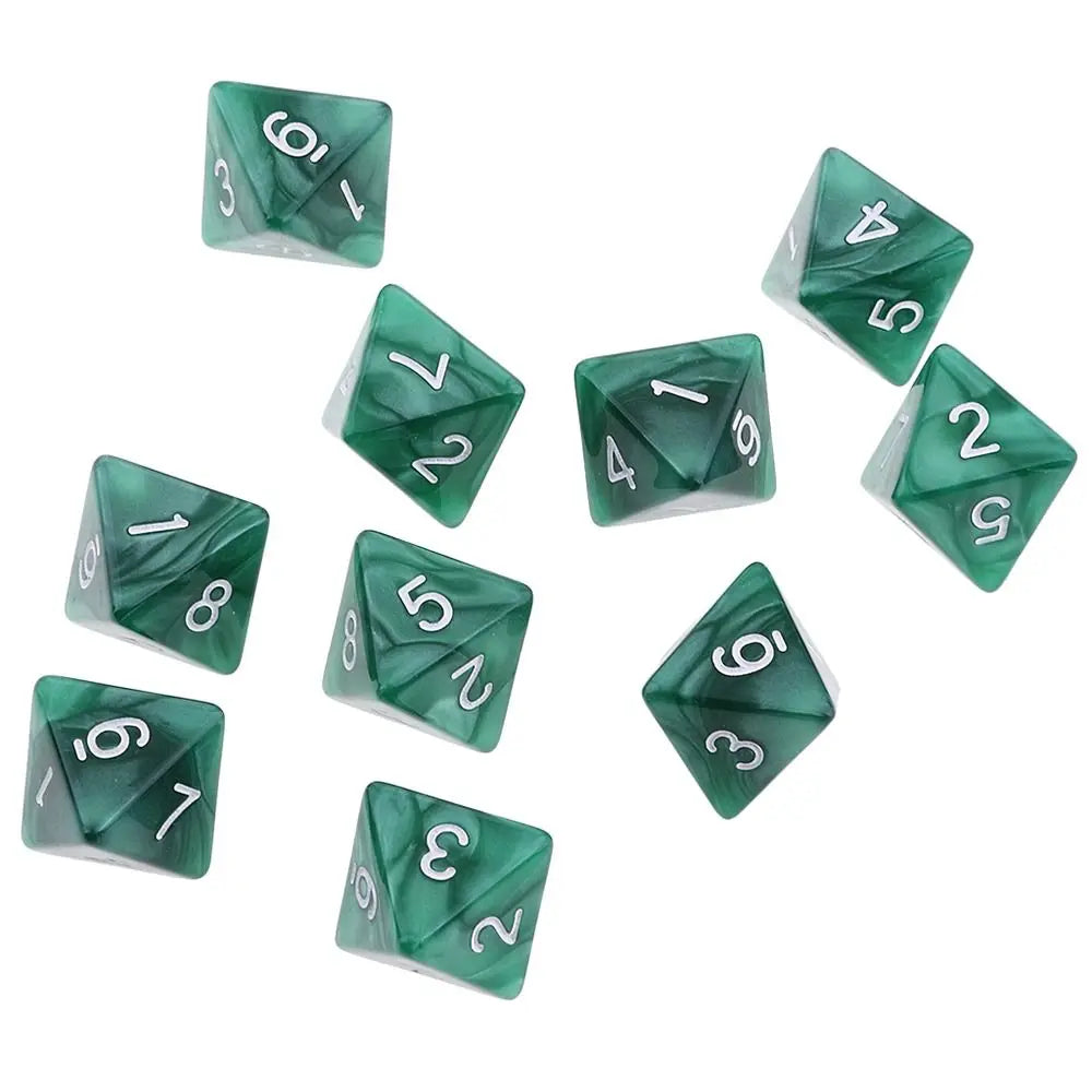 A set of ten green acrylic polyhedral dice showing various numbers and shapes.
