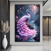 A painting of a pink peacock with iridescent feathers in a dark, mystical forest setting.
