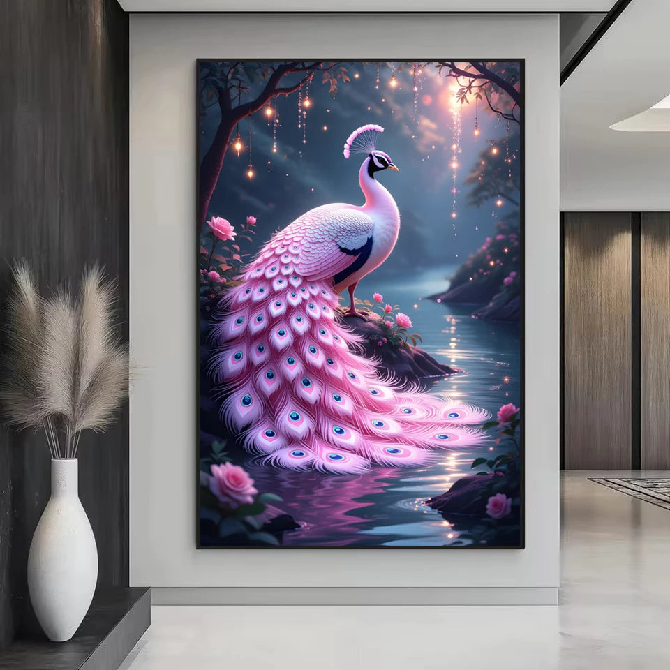 A painting of a pink peacock with iridescent feathers in a dark, mystical forest setting.
