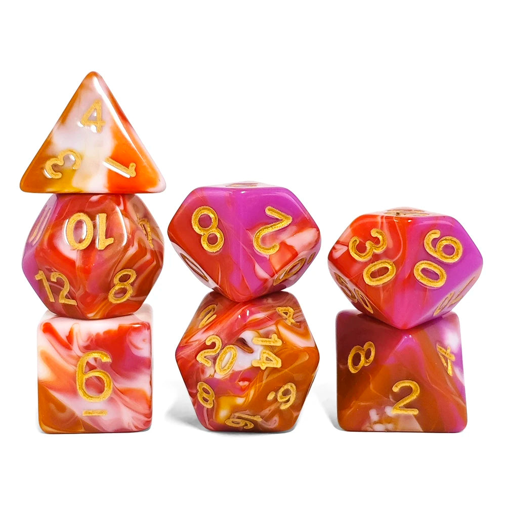 A set of seven polyhedral dice featuring a vibrant two-tone swirl pattern of orange, pink, and white.