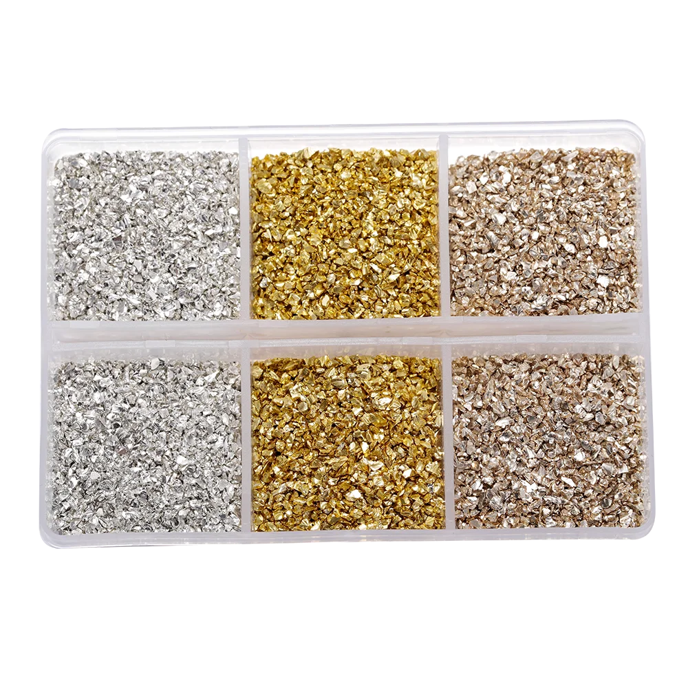 A clear plastic container holds various colors of crushed glass stones for resin and craft projects.