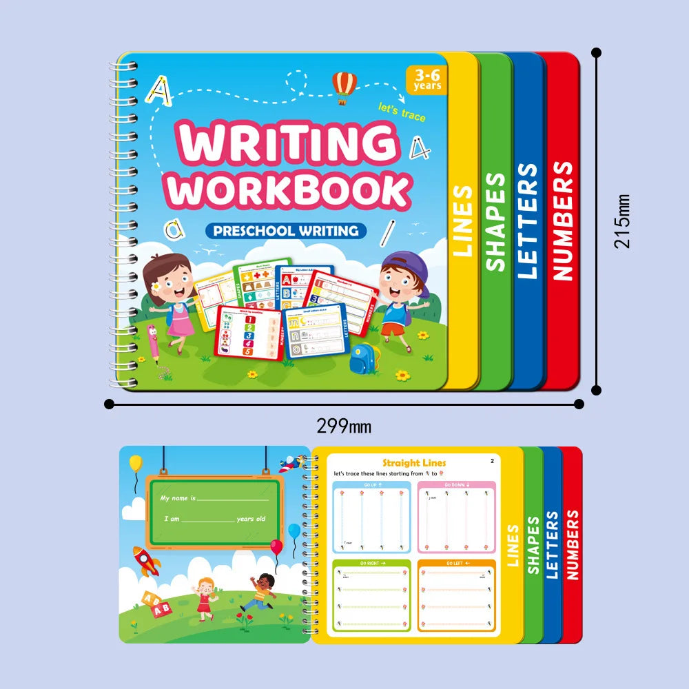A colorful writing workbook set for preschool children featuring tracing lines, shapes, letters, and numbers.