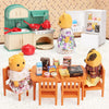 A miniature dollhouse furniture set featuring a green kitchen, bathroom, and laundry playset with various play items.