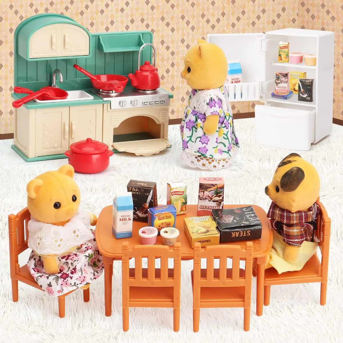 A miniature dollhouse furniture set featuring a green kitchen, bathroom, and laundry playset with various play items.