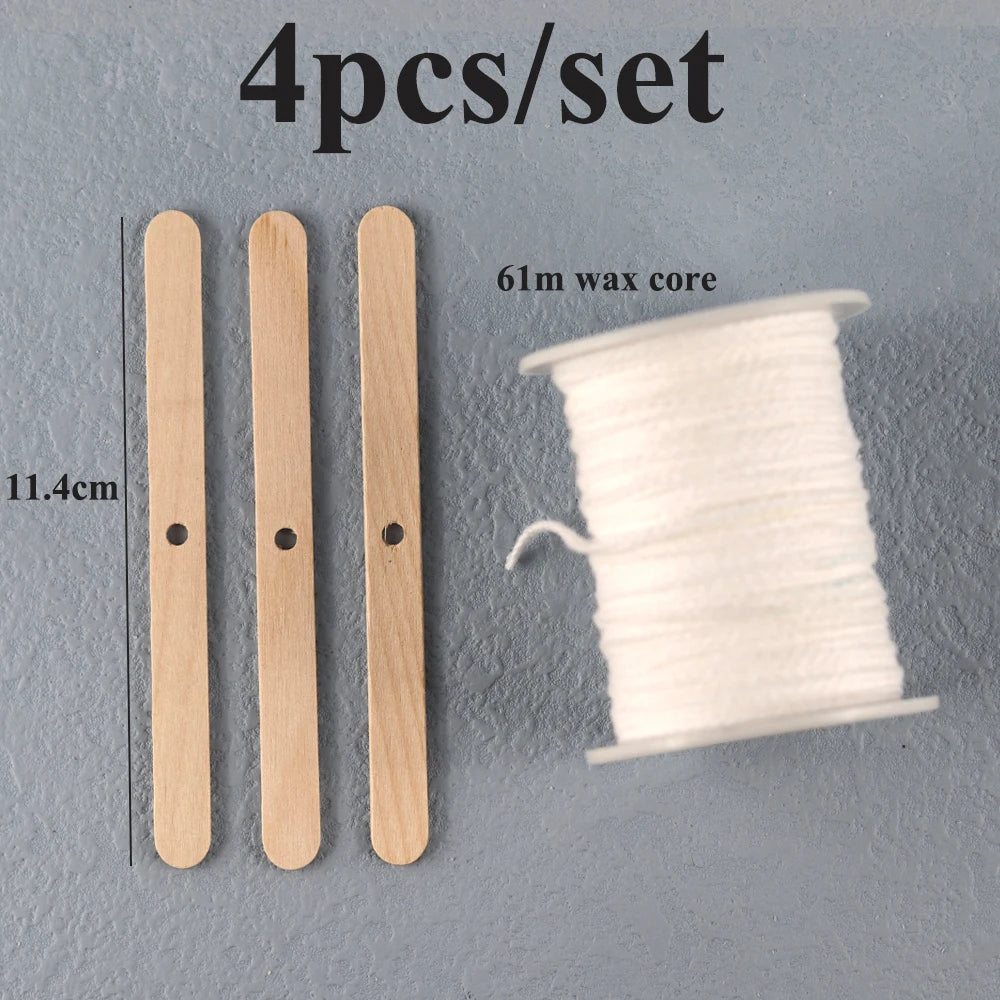 Four pieces of 61mm wax core cotton candle wicks with metal sustainers are shown next to a spool of white wax core.