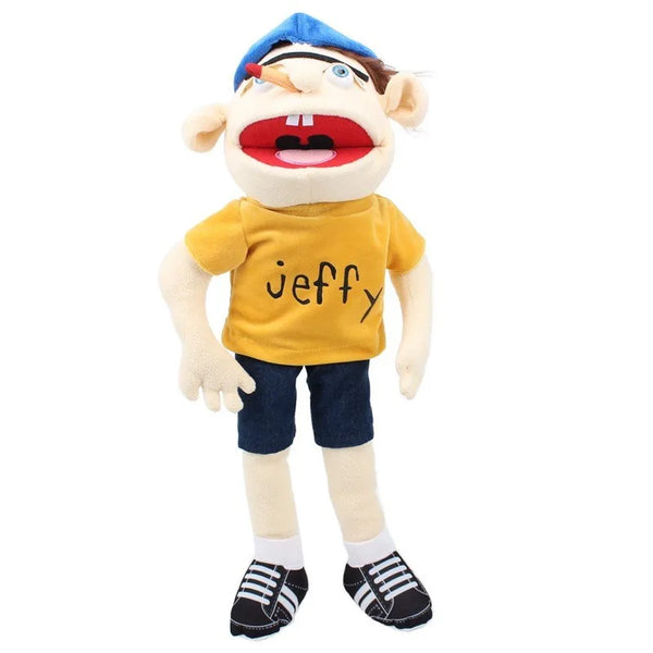 A plush toy of the character Jeffy wearing a yellow shirt and blue hat.