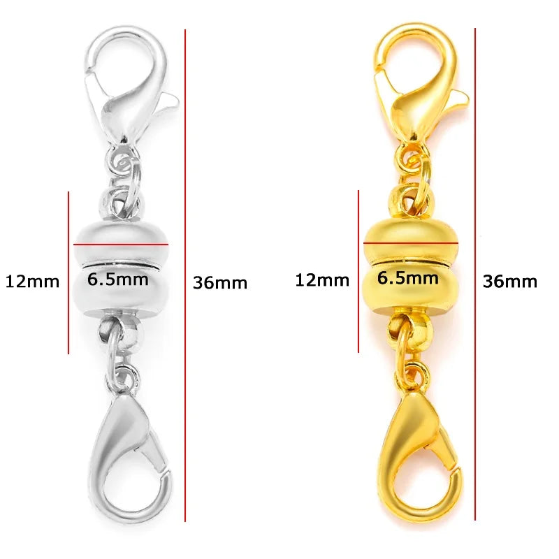 A set of five magnetic lobster claw clasps for jewelry making shown in silver and gold colors.