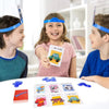 A family playing Guess Who I Am card board game with colorful cards and pieces.