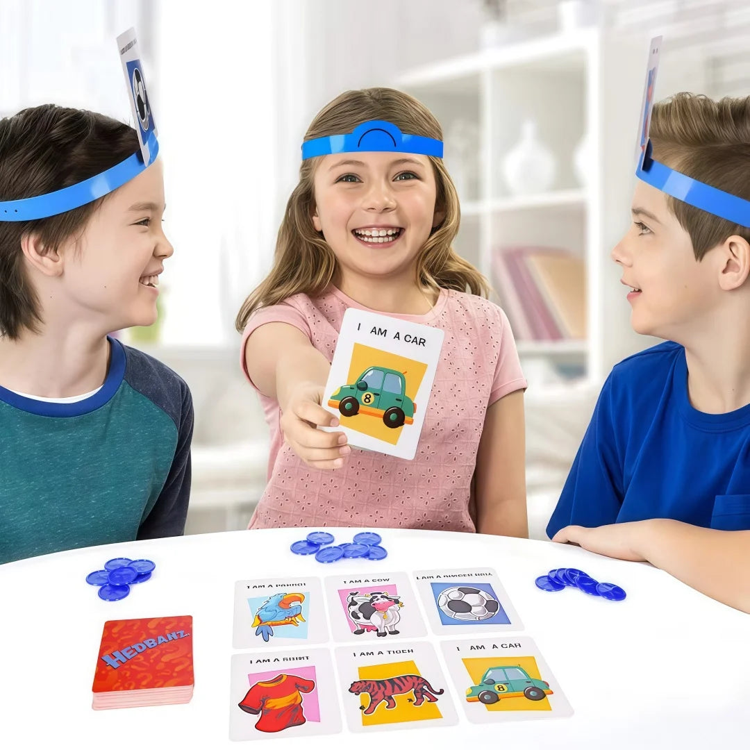 A family playing Guess Who I Am card board game with colorful cards and pieces.