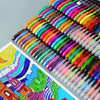 A collection of metallic glitter gel pens in various colors and shades displayed in a plastic case.