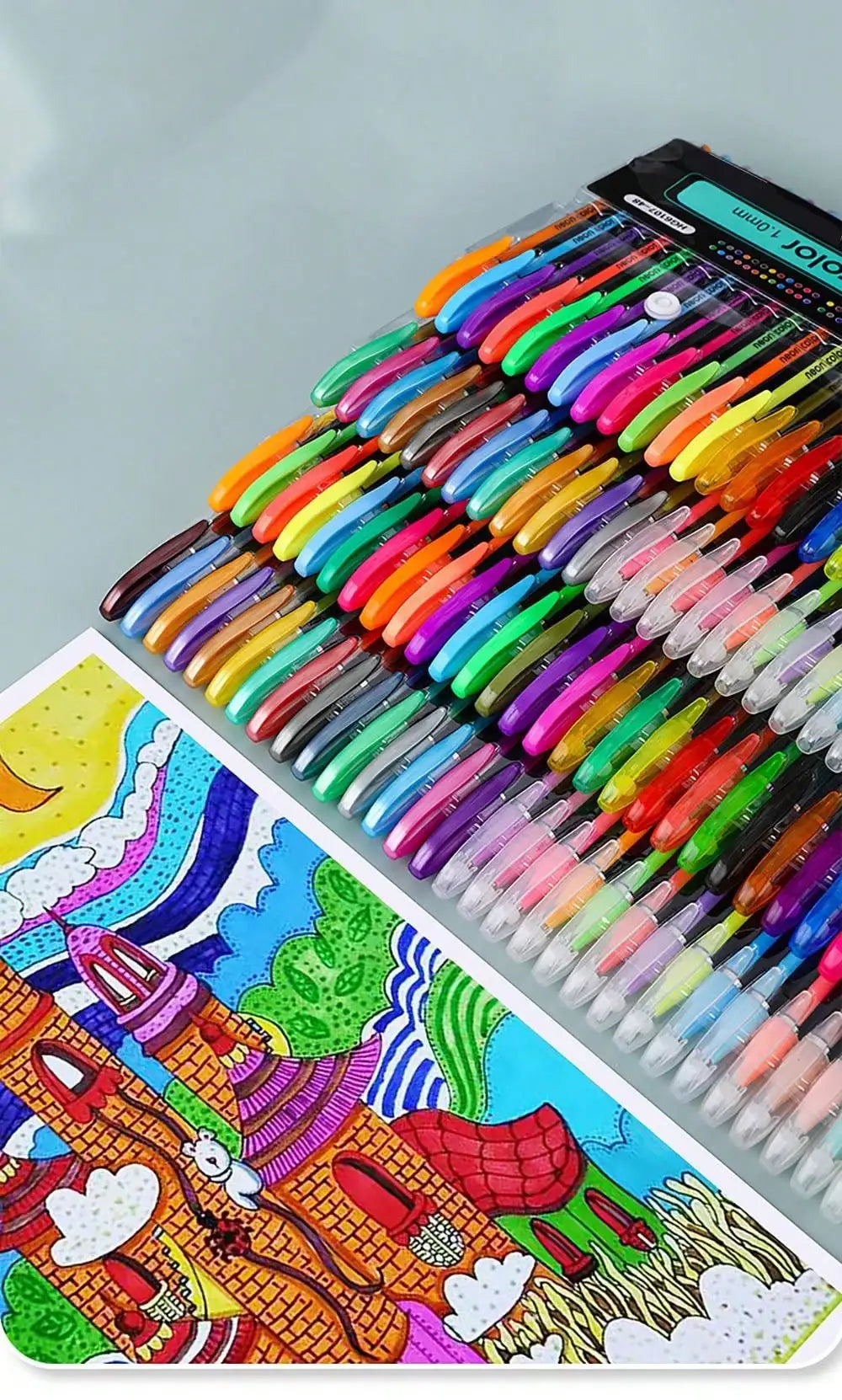 A collection of metallic glitter gel pens in various colors and shades displayed in a plastic case.