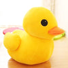 A bright yellow plush toy shaped like a duck with a large black eye and an orange beak.
