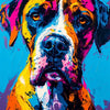 Vibrant oil painting of a dog's head with expressive colors against a bright blue background.