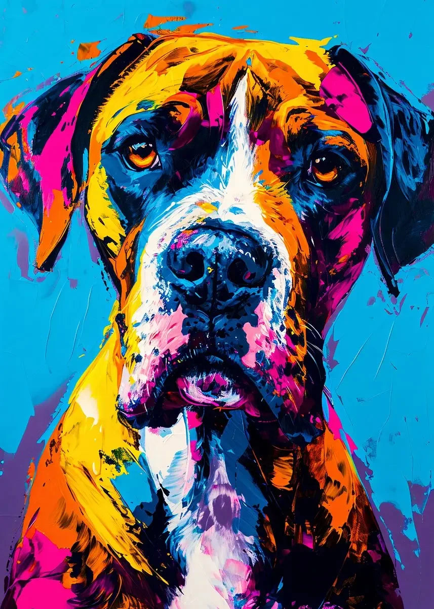 Vibrant oil painting of a dog's head with expressive colors against a bright blue background.