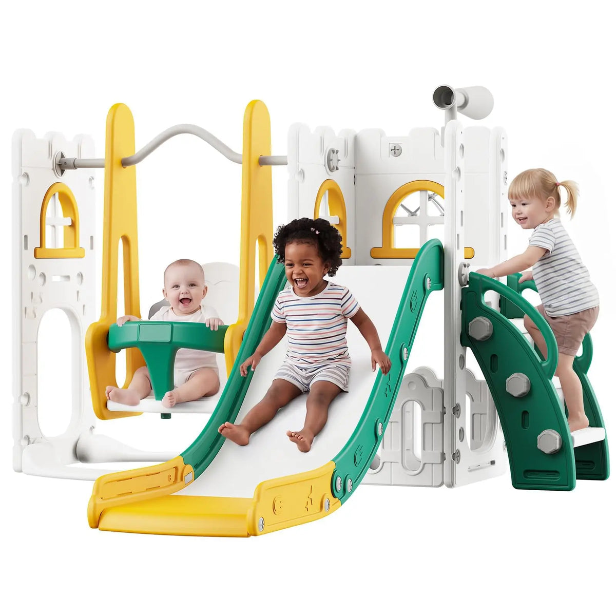 7-in-1 Toddler Slide and Swing Play Set with Basketball Hoop & Castle Playhouse