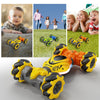 A yellow remote control stunt car with gesture and watch control is shown alongside children playing with the toy.