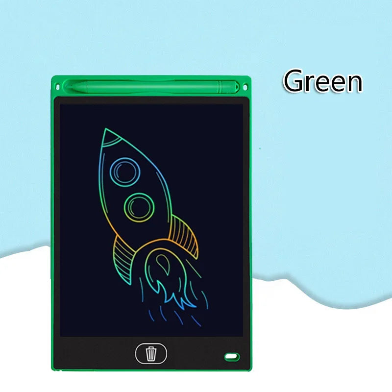 A green LCD drawing tablet showing a glowing outline of a rocket taking off against a dark background.