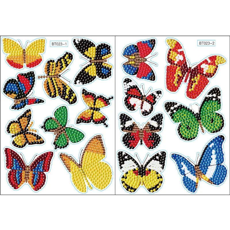 A collection of diamond painting stickers featuring various colorful floral and butterfly designs.