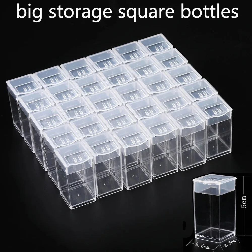 A grid of clear plastic storage bottles used for crafts and beads, shown with a scale.