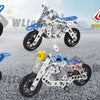 Five models of a STEM metal building motorcycle construction kit shown in various angles and colors