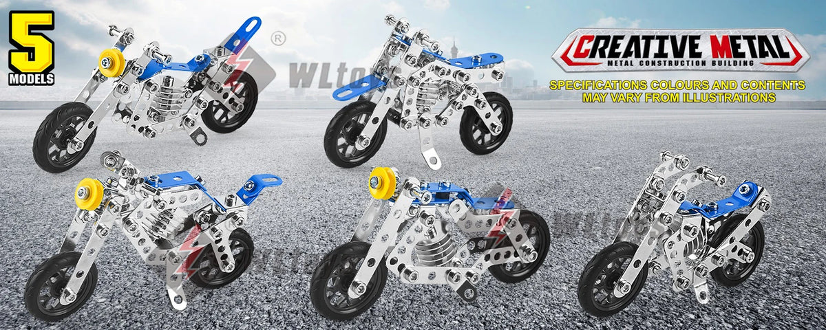 Five models of a STEM metal building motorcycle construction kit shown in various angles and colors