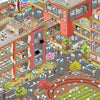 A colorful illustration depicting a bustling cityscape with various buildings, people, and greenery, themed around the title 