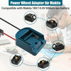 A blue power wheel adapter for Makita 18V/14.4V lithium-ion battery, shown with various components.