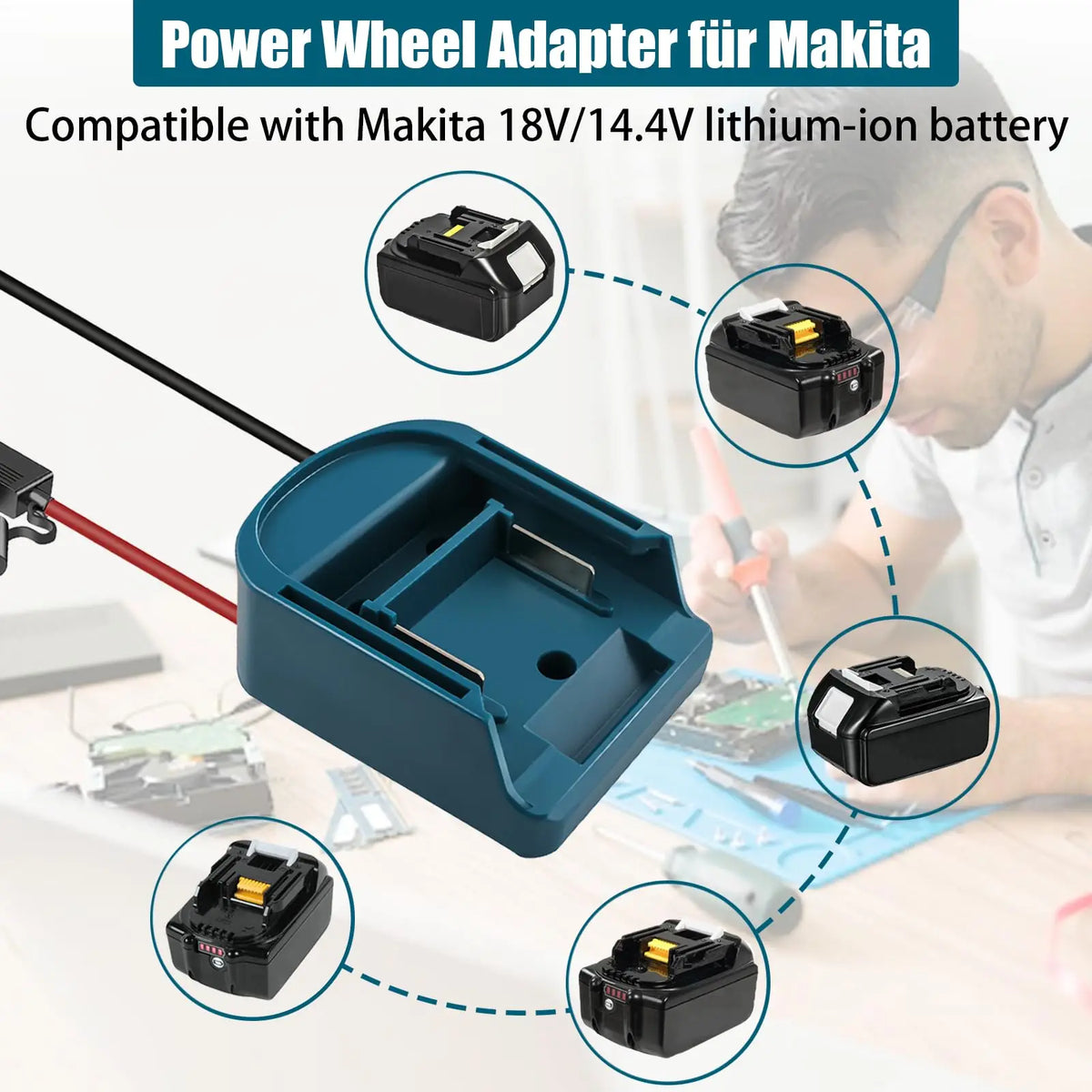A blue power wheel adapter for Makita 18V/14.4V lithium-ion battery, shown with various components.