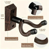 A walnut wood guitar wall mount featuring a strong metal frame and a rotating U-shaped hanger made of soft silicone.