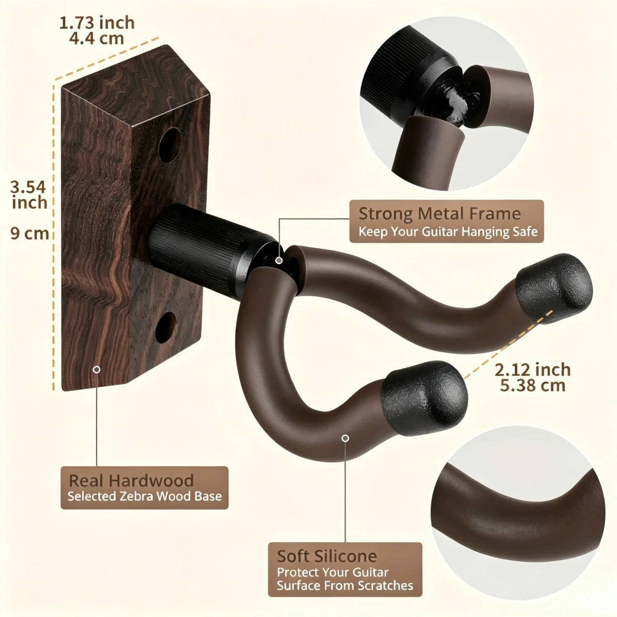 A walnut wood guitar wall mount featuring a strong metal frame and a rotating U-shaped hanger made of soft silicone.
