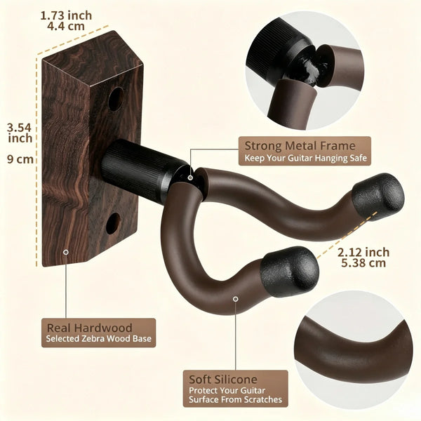 A walnut wood guitar wall mount featuring a strong metal frame and a rotating U-shaped hanger made of soft silicone.
