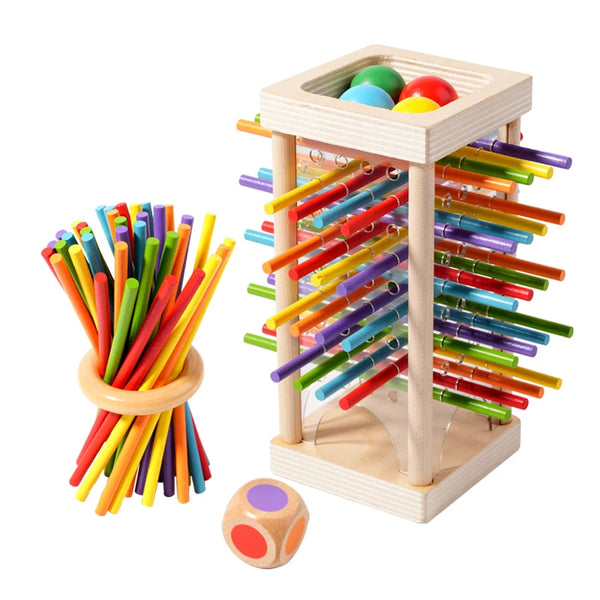 A wooden counting stick organizer with colorful sticks and a wooden counting sphere.